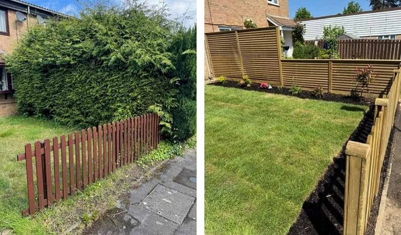 Before and After replacing hedge with fence panels